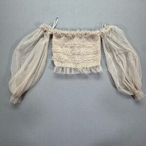 American Thread Small Sheer Puff Sleeve Smocked Off Shoulder Crop Top Ivory
